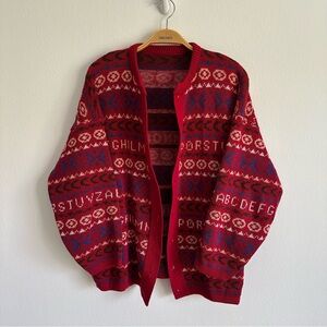 Vintage Alphabet Cardigan Sweater ABCs Red Striped Baggy Teacher Core Cottage